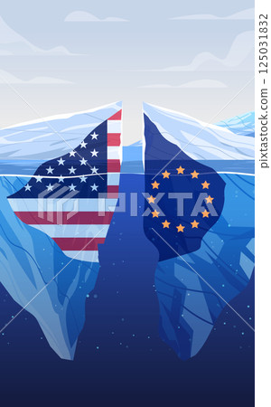USA EU trade war concept iceberg flags ocean scene representing tariffs conflict 125031832