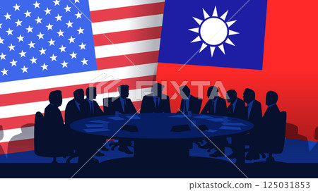 Trade war USA Taiwan negotiation concept silhouettes of businesspeople around table with USA and Taiwan flags in background international relations theme Trade war USA Taiwan negotiation concept silhouettes of businesspeople around table with USA and Taiwan flags in background international relations theme 125031853
