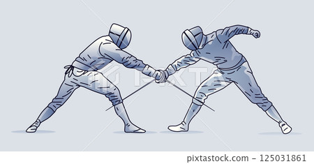 Fencing duel concept two fencers engaging in combat dynamic pose detailed suits and helmets light blue background sports competition theme 125031861