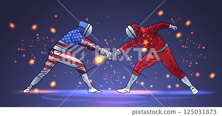 US China trade war fencing duel concept two fencers in national flag suits sparring dynamic action sparks dark background digital art US China trade war fencing duel concept two fencers in national flag suits sparring dynamic action sparks dark background digital art 125031873