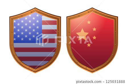 USA China trade war concept shields with American and Chinese flags representing tariffs conflict. Graphic design for international relations theme 125031888