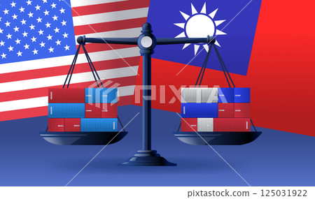Trade war USA Taiwan concept with scales balancing shipping containers against USA and Taiwan flags digital artwork 125031922