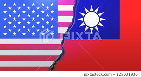 USA Taiwan trade war concept with flags divided by a jagged line symbolizing conflict and tension. Bright colors and bold design 125031936
