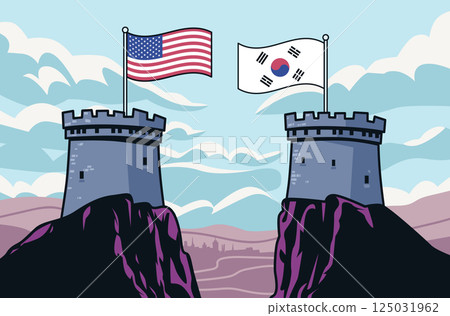 Trade war USA South Korea concept illustration. Two towers with USA and South Korea flags on rocky cliffs symbolize economic conflict. Sky background 125031962