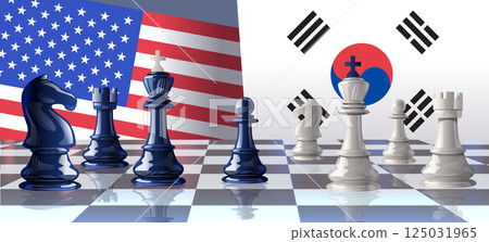 USA South Korea trade war chess battle concept with flags chess pieces on board representing conflict between countries strategic competition USA South Korea trade war chess battle concept with flags chess pieces on board representing conflict between countries strategic competition 125031965