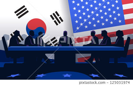 Trade war South Korea USA negotiation meeting silhouettes against flags dark tones Trade war South Korea USA negotiation meeting silhouettes against flags dark tones 125031974