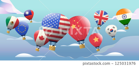 Hot air balloons with country flags representing trade war between USA China EU India UK Canada Mexico Taiwan South Korea Vietnam. Sky background 125031976