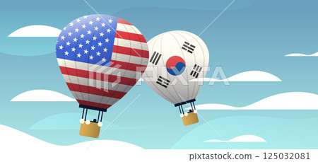 Hot air balloons USA South Korea trade war concept two balloons with national flags floating in blue sky representing tariffs conflict Hot air balloons USA South Korea trade war concept two balloons with national flags floating in blue sky representing tariffs conflict 125032081