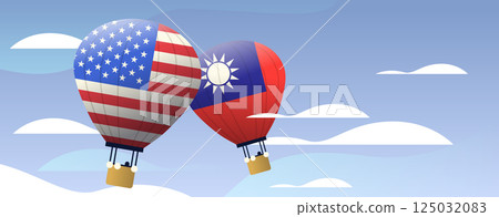 Hot air balloons USA Taiwan trade war concept. Balloons with USA and Taiwan flags in a blue sky with clouds symbolizing economic competition 125032083