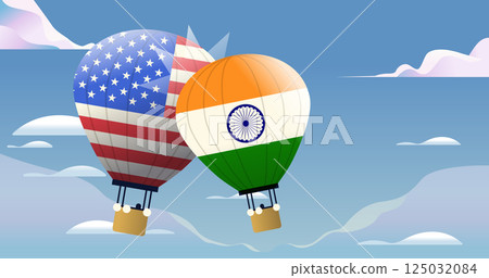 Hot air balloons USA India trade war concept with two balloons featuring national flags colliding in a blue sky with clouds 125032084