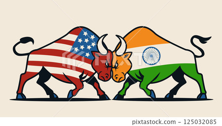 Two bulls with USA and India flags clash symbolizing trade war. Bold colors and dynamic pose on neutral background 125032085