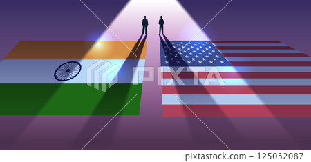 India USA trade war concept two figures standing on flags casting long shadows dramatic lighting purple background India USA trade war concept two figures standing on flags casting long shadows dramatic lighting purple background 125032087
