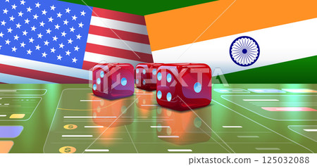 Trade war USA India dice concept illustration. Red dice on a reflective surface symbolize risk and chance. Background features USA and India flags. Vibrant digital style Trade war USA India dice concept illustration. Red dice on a reflective surface symbolize risk and chance. Background features USA and India flags. Vibrant digital style 125032088