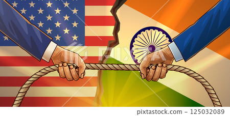 Trade war USA India concept illustration. Two hands in suits pulling a rope against a backdrop of American and Indian flags with a cracked border 125032089