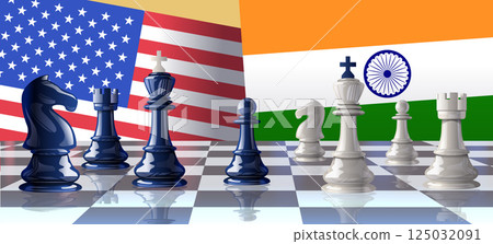 Chess pieces trade war USA India flags chessboard reflection strategic rivalry concept international relations competition 125032091
