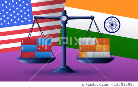 Trade war tariffs USA India balance scales containers flags concept economic conflict colorful background 125032093