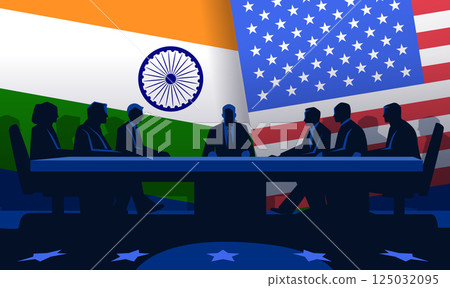 Trade war India USA negotiation concept silhouette figures at table with Indian and American flags in background business meeting theme 125032095