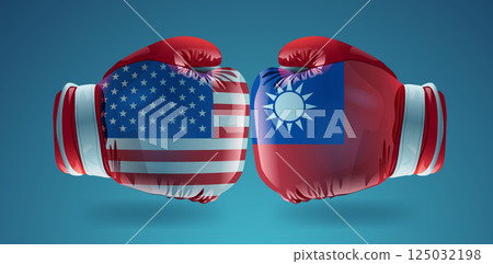 Boxing gloves USA Taiwan trade war concept. Two gloves with USA and Taiwan flags facing each other on a blue background symbolizing conflict 125032198