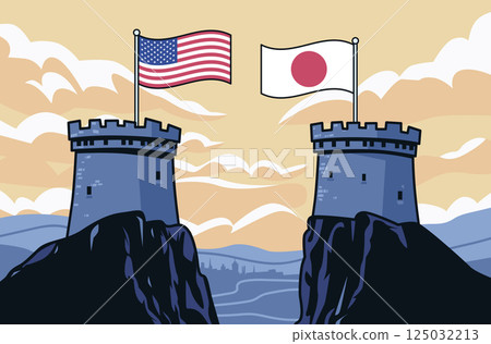 Trade war USA Japan concept with flags on castle towers against a dramatic sky background symbolizing economic conflict 125032213