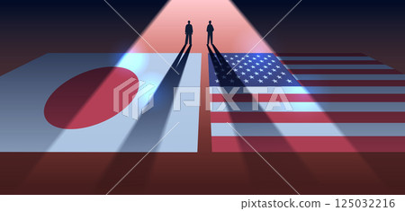 Japan USA trade war concept two silhouetted figures standing on flags spotlight dramatic tension international relations 125032216