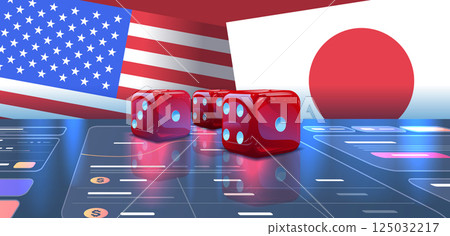 Trade war USA Japan concept with dice. Illustration depicts economic tension using red dice on a digital financial board with USA and Japan flags 125032217