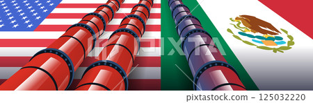 Trade war concept USA Mexico pipelines. Illustration depicts economic conflict with pipelines overlaid on American and Mexican flags. Horizontal layout 125032220