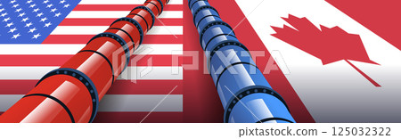USA Canada trade war concept pipelines flags contrasting colors horizontal format 125032322