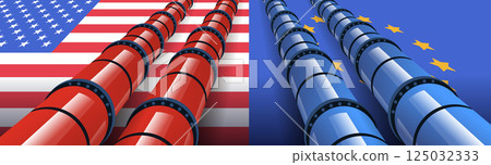 Trade war USA EU pipelines concept illustration. Red and blue pipelines on American and European Union flag backgrounds symbolizing economic conflict 125032333