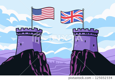 Trade war illustration USA UK flags. Two purple towers with American and British flags representing conflict. Blue sky background 125032334