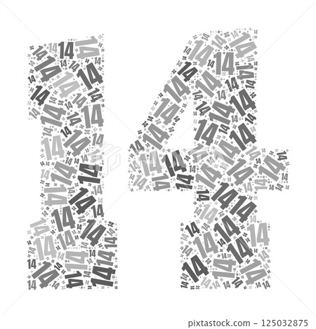Grayscale word cloud forming the number 14, with repeated text in various sizes. 125032875