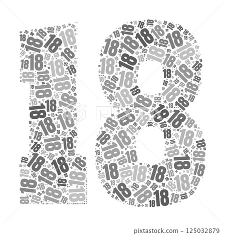 Grayscale word cloud forming the number 18, with repeated text in various sizes. 125032879