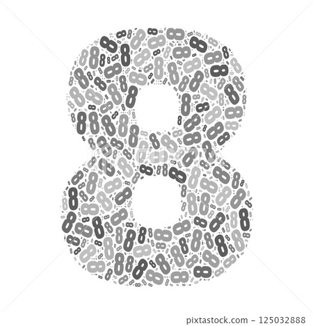 Grayscale word cloud forming the number 8, with repeated text in various sizes. 125032888
