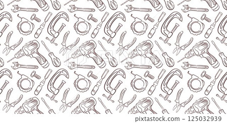 Seamless pattern of construction tool including drill, pliers, wrench, clamp and screwdriver in line art style on white background for industrial and repair design. Seamless pattern of construction tool including drill, pliers, wrench, clamp and screwdriver in line art style on white background for industrial and repair design. 125032939
