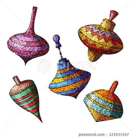 spinning top set sketch hand drawn vector 125033167