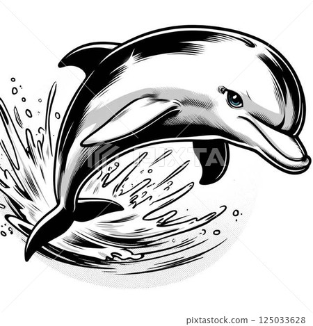 Cartoon style illustration of a dolphin jumping energetically out of the water 125033628