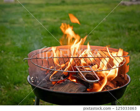 summer time party in backyard garden with grill BBQ fire pit summer time party in backyard garden with grill BBQ fire pit 125033863