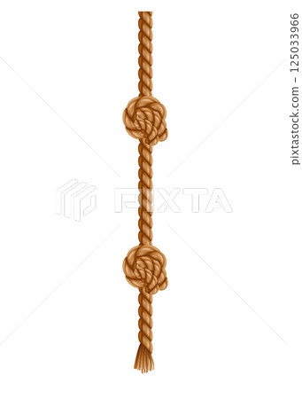 Hanging rope with tassel and nodes. Knitted nautical thread or marine vertical fiber. Textile tassel hang at rope isolated on white background. Vector illustration 125033966