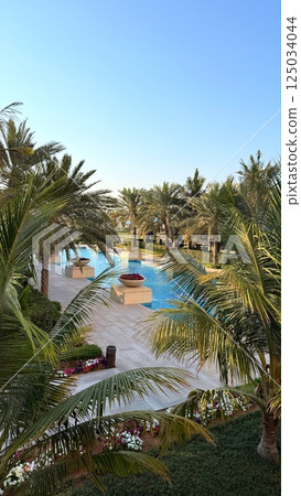 Luxury resort pool shines in tropical morning light, tourist destination framed by tall palms and manicured greenery, calm water reflects elegant symmetry of exclusive holiday escape. 125034044