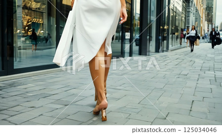 Stylish female striding confidently in white dress and heels, shopping bags in hand, urban street background capturing fashionable lifestyle moment. City shopping concept 125034046