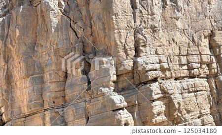 Close-up of sediment layers shows deep cracks and compacted stone cubes, fine detail of natural tectonic build-up provides visual reference for educational geology fieldwork and photography tours. 125034180