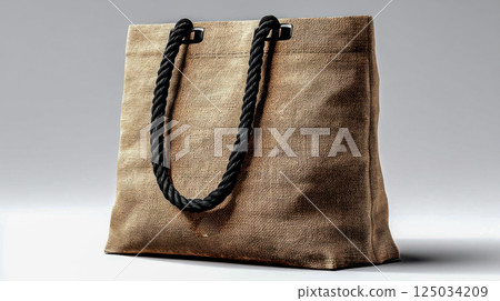 Reusable canvas shopping bag with leather handles, eco-friendly product 125034209