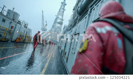 Oil rig worker walking on wet platform deck during rainy weather, surrounded by industrial structures and equipment 125034221