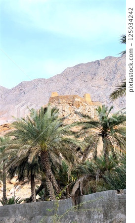 Ras Al Khaimah, UAE - March 18, 2025: Desert fortress crowned on rugged peak, fortress surveys green oasis, fortress retains echoes of past civilizations, fortress bathed in golden sunlight, Ras Al Khaimah, UAE - March 18, 2025: Desert fortress crowned on rugged peak, fortress surveys green oasis, fortress retains echoes of past civilizations, fortress bathed in golden sunlight, 125034242