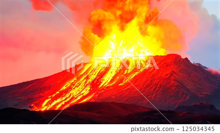 Molten lava cascading down volcanic slopes, burning bright orange against fiery sunset sky, generating massive plumes of smoke and ash rising dramatically 125034345