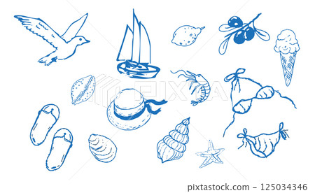 Summer seashore greek sea tourism, rest sketch drawing. Line hand drawn beach party elements. Vacation doodle tropical print. 125034346