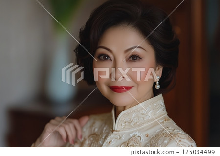 Asian woman in traditional dress, intricate embroidery highlights beauty, poised expression captures grace, soft lighting enhances Asian woman refined features, cultural beauty radiates. 125034499