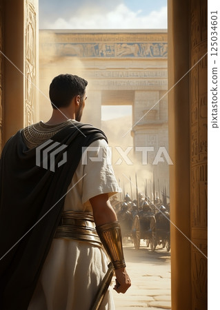Egyptian man stands beneath carved sandstone arch as golden light strikes his armor, while soldiers gather beyond gate, merging history, heritage, and sacred defense. 125034601