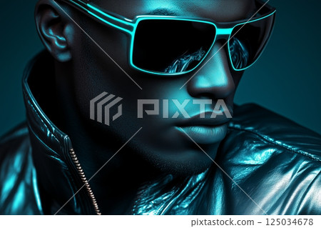 Afro-American Man in neon glasses stares forward with intense precision, metallic green glow reflects on leather jacket, electric edge defines modern confidence in bold cinematic style portrait. 125034678