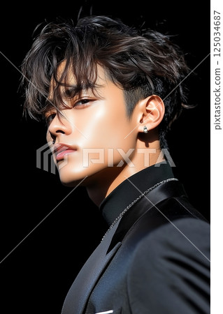 Elegant asian man in silk suit, turns toward dramatic light, sculpted jawline and glistening skin framed by tousled hair, minimalist setting enhancing intensity, elegance, and sharp modern expression. 125034687