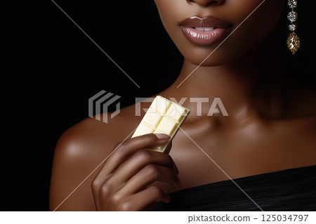 Black woman holds white chocolate beside shoulder while brown skin radiates confidence, elegance, and beauty through smooth glow, refined posture, and minimal composition of sweet luxury.  125034797